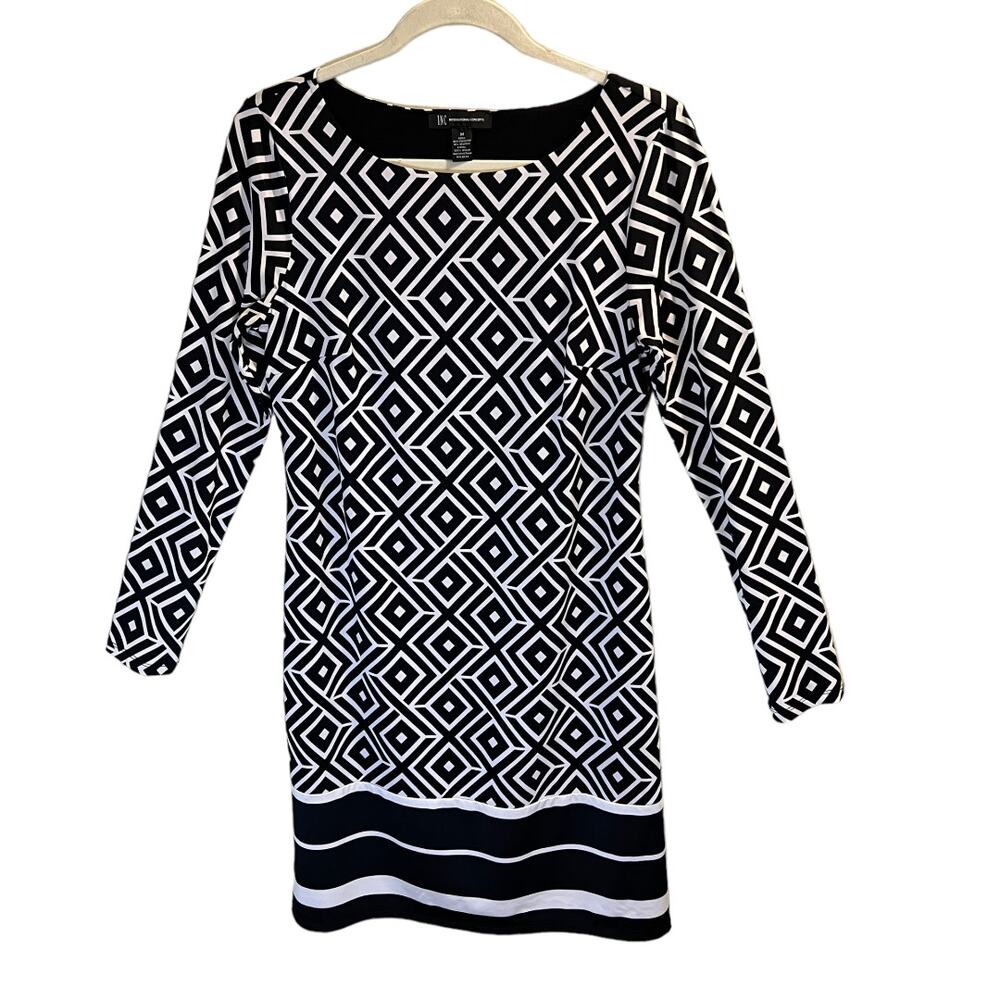 INC International Concepts Geometric Pattern Shift Dress Size M Black White